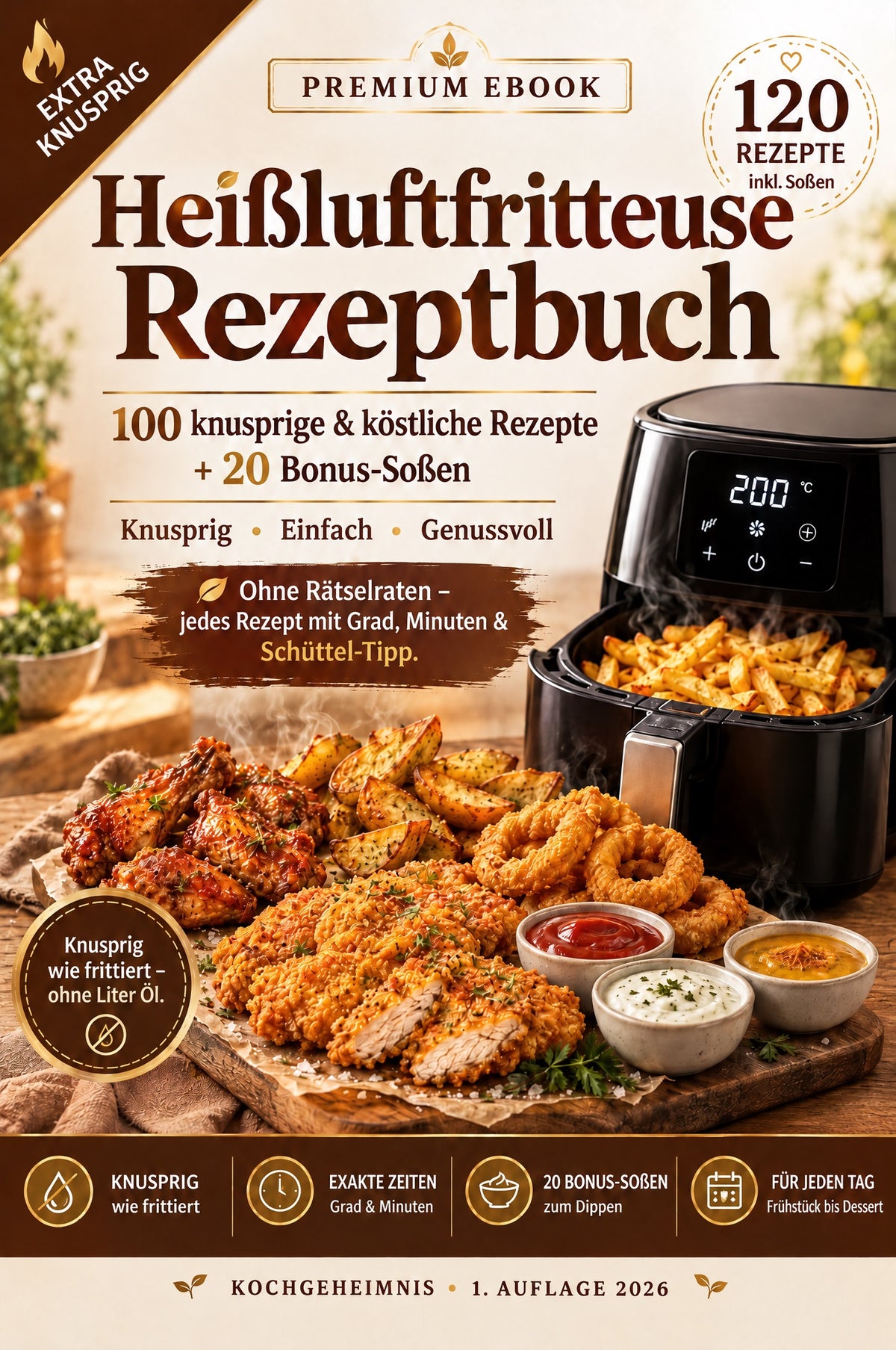 Heißluftfritteuse Rezeptbuch – 100 knusprige Rezepte + 20 Bonus-Soßen (E-Book)