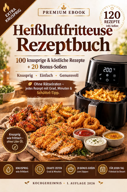 Heißluftfritteuse Rezeptbuch – 100 knusprige Rezepte + 20 Bonus-Soßen (E-Book)
